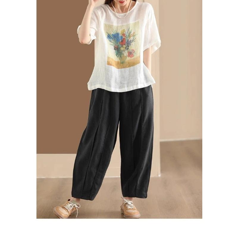 Women Summer Round Neck Short Sleeve Floral Vase Print Linen Cotton Casual Blouse