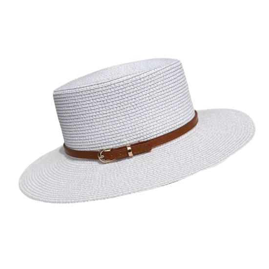 Straw Hat Wide Brim Flat Faux Leather Strap Top Design Metal Buckle Decor Sun Hat Beach