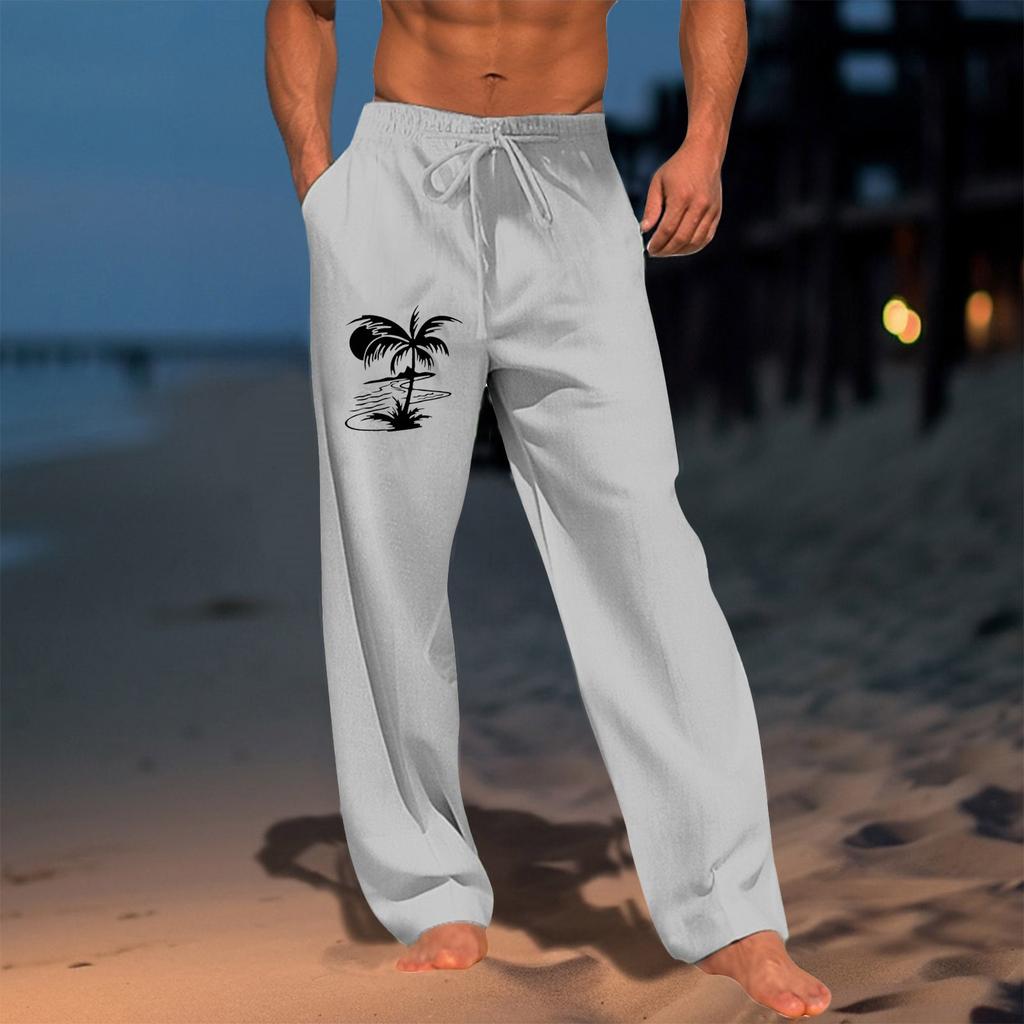 Męskie luźne i wygodne spodnie na co dzień Bawełniane lniane spodnie ze sznurkiem z nadrukiem