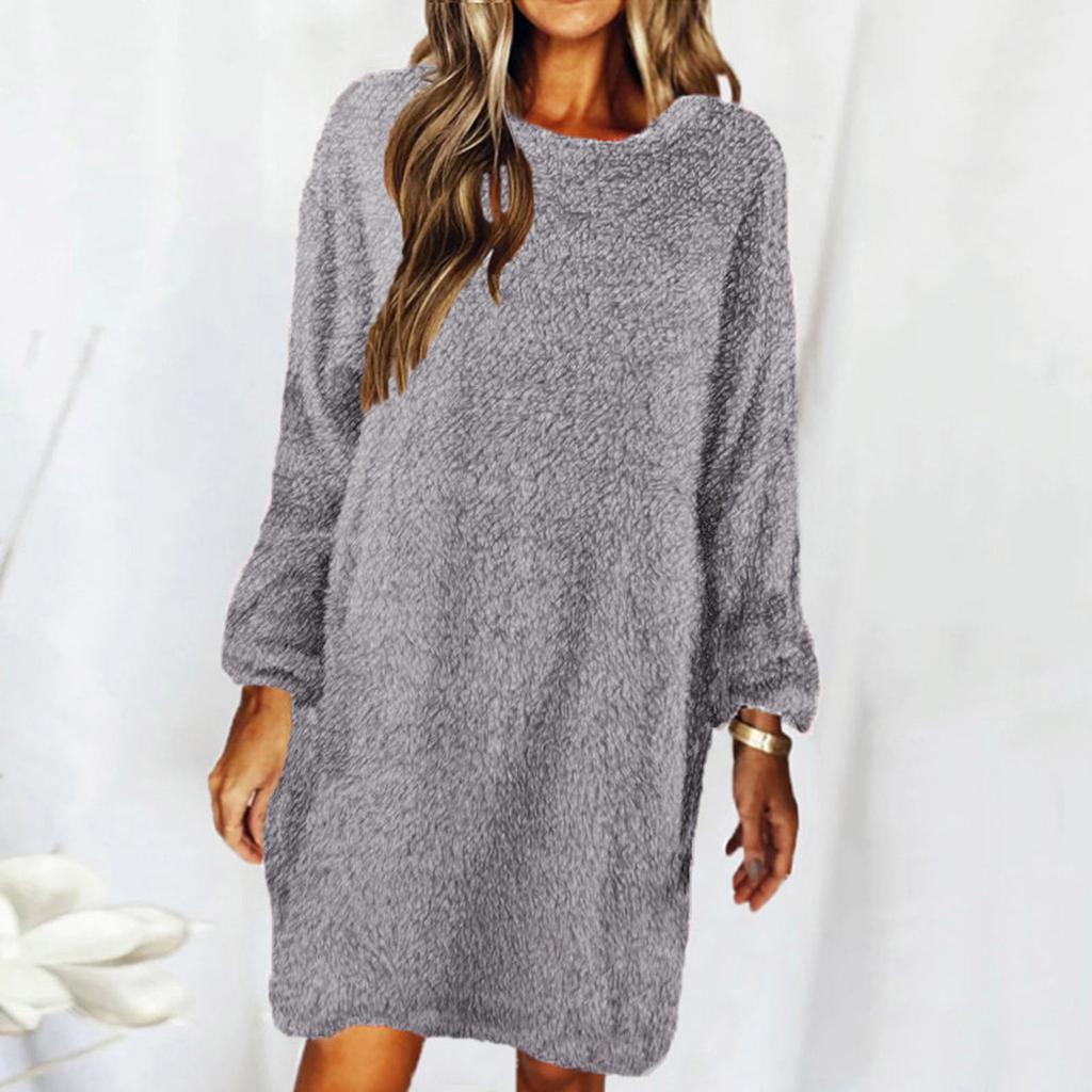 Fashion Women's Solid Color Round Neck Long Sleeve Loose Plush Dress Sweater Dress
