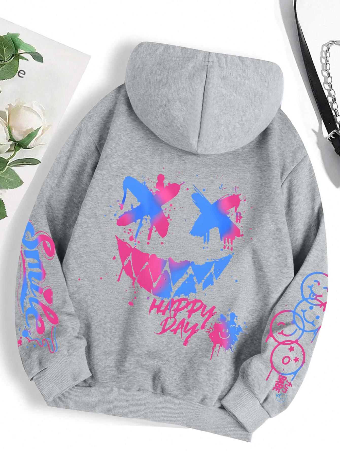 

Happy Day Graffiti Print Women Hoodie Street Hip Hop Hoody Fashion Crewneck Versatile Hoodies Vintage Oversize Clothes Female L