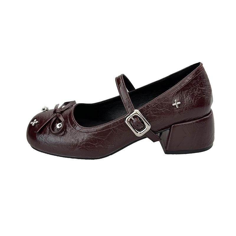 

New silver little Mary Jane single shoes with skirt light mouth round head bow ballet French thick heel women s shoes 40