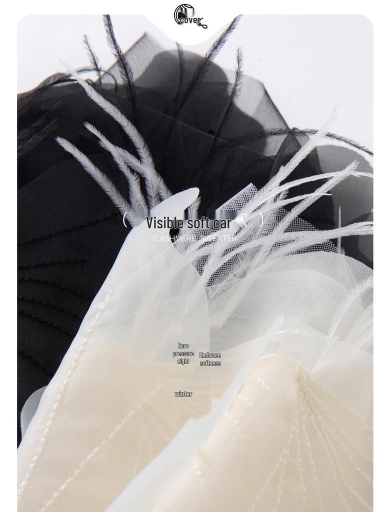 Swan Neck Cashmere Sweater with Hand-Embroidered Flowers: One-Shoulder, Sexy, and Three-Dimensional Feather Design