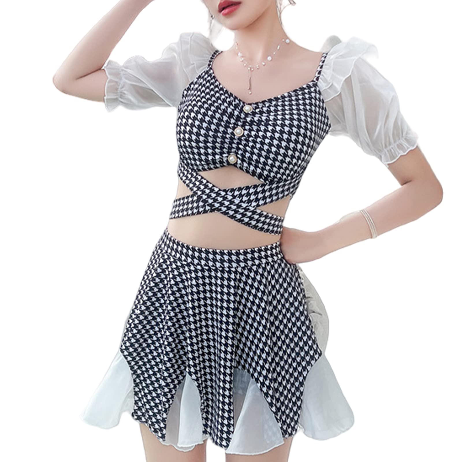 

Клетчатое бикини с оборками, пляжное [xppe], женский купальник из двух частей, плавательное платье, комплект, узор, гусиная лапка, юбка, лента, с подкладкой, без косточек, раздельный,