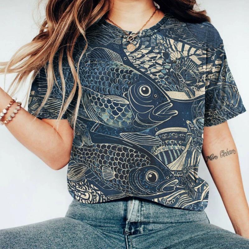 Women's T-Shirts Short Sleeve Tops Summer Clothing Fish Graphic Shirts Women Streetwear O-Neck Pullovers 6XL Tee