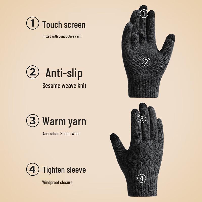 Hengyuanxiang Men's Winter Wool Fleece-lined Gloves