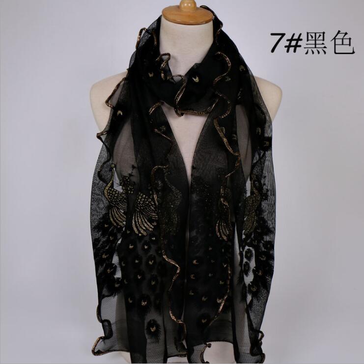 Women Chiffon Neck Scarf Flower Peacock Embroidered Lace Scarf Femmes Silk Long Soft Elegant Shawl New Spring Muffler Scarves