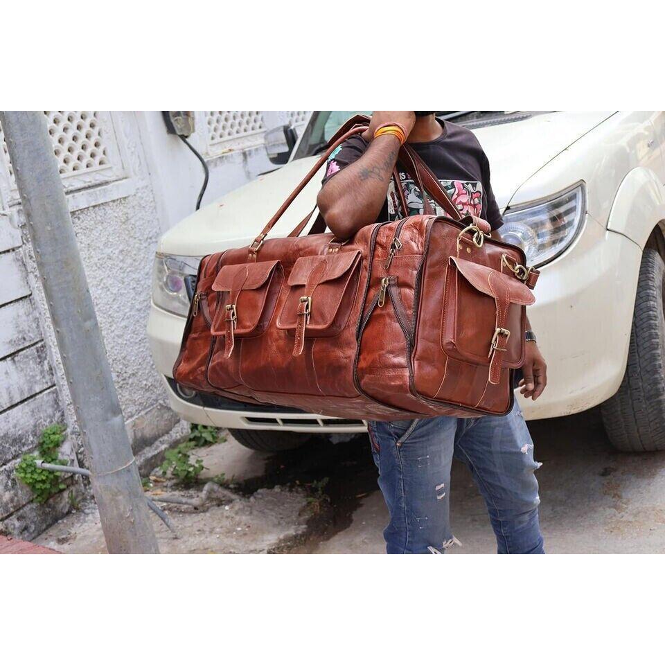 Large Leather Travel Duffel Luggage Men 30" Foldable Weekend Genuine Gym Vintage