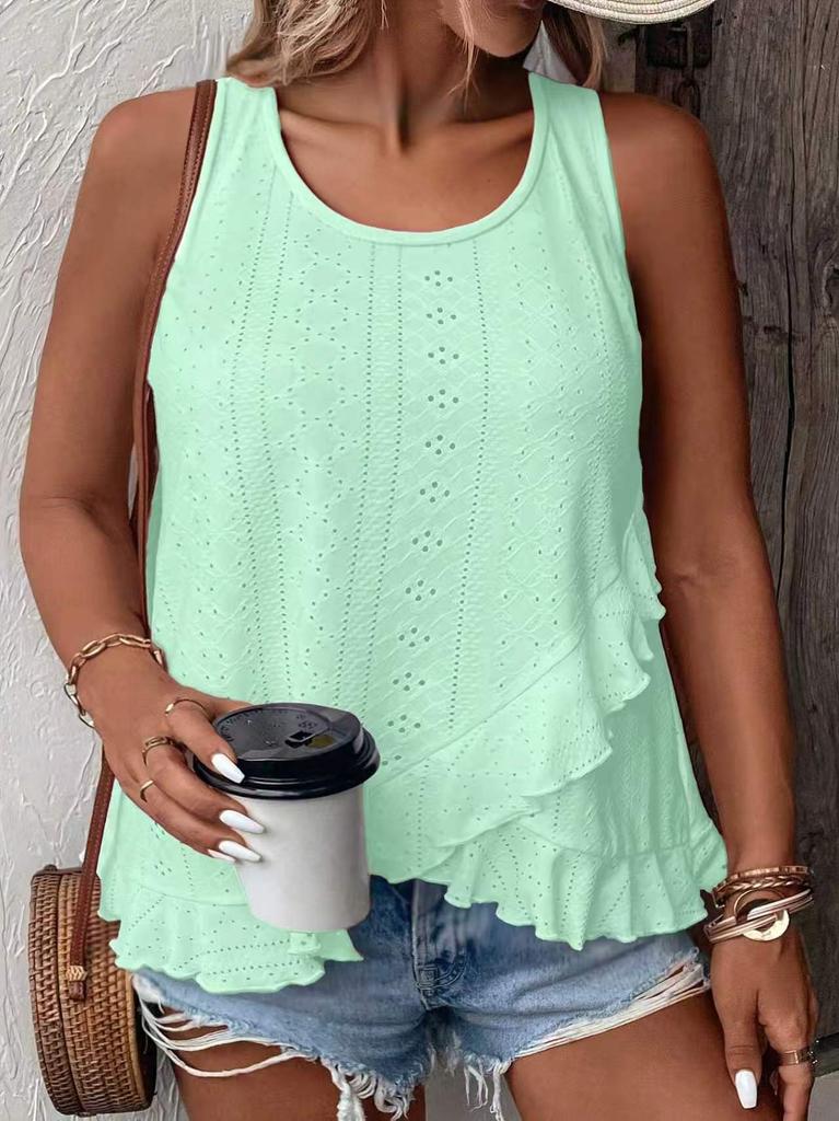 Women's Eyelet Embroidery Asymmetrical Ruffle Hem Tank Top Casual Sleeveless Blouse