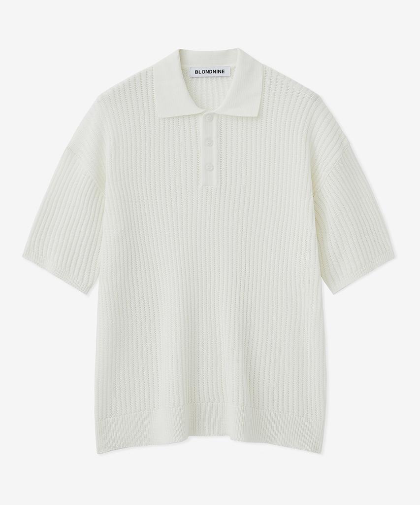 BLOND9 Cotton Rib Collar Short Sleeve Knit_Ivory