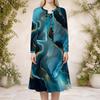 Women Plus Size Teal Blue Printed Round Neck Long Sleeve Cardigan Sleeveless Dress Two Piece Set