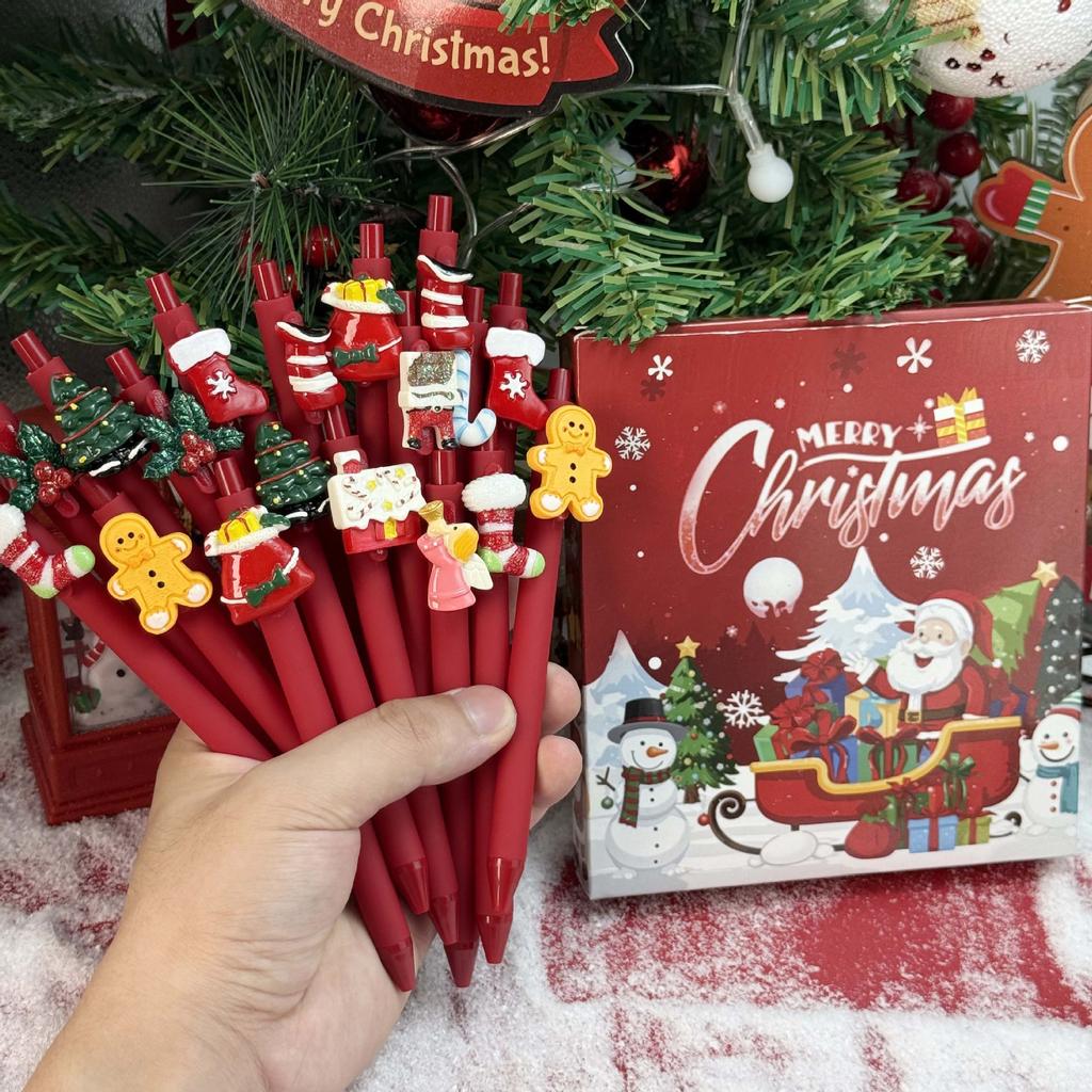10Pcs Red Creative Christmas Snowman Shape Press Pen Cartoon Press Gel Pen Campus Design Gift Stationery Holiday Gift Novelty Stationery Teacher Party