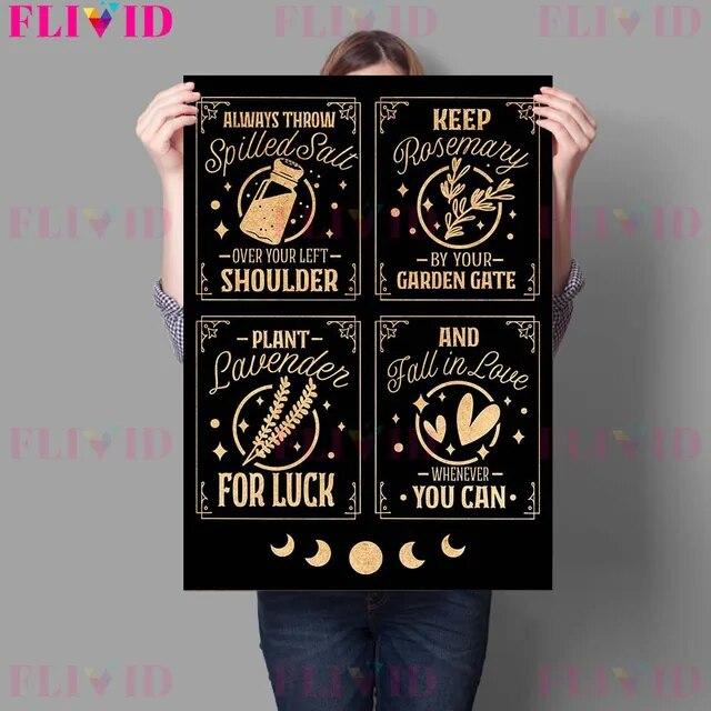 Witches Kitchen Rules And Herbs Magic Meals Vintage Wall Art Canvas Painting Magic Sign And Cats Witches Spells Poster Print No Frame