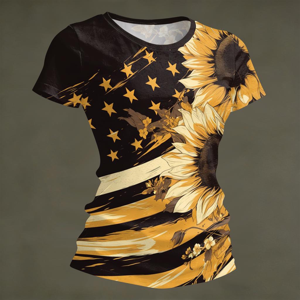 Damenmode Rundhals Unabhängigkeitstag Druck Kurzarm Locker Rundhals T-Shirt Top