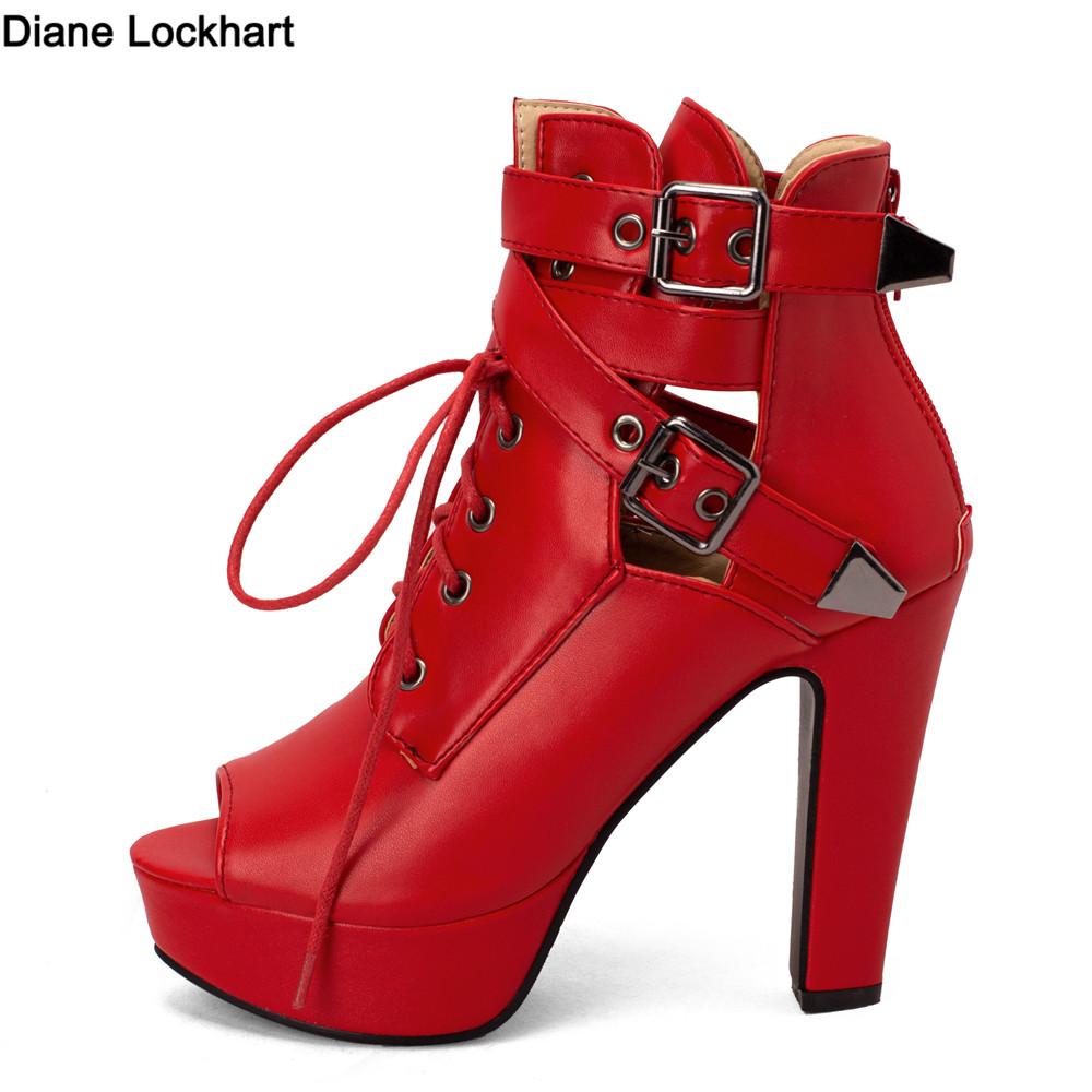 Fashion Women Ankle Boots Platform Lace-Up High Heels Short Boats Female Buckle Spring Summer Red Yellow White Peep Toe Sexy Shoes Black