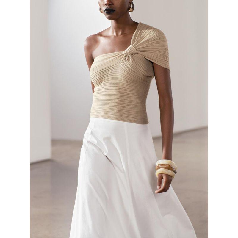 Za2024 Summer New Product Women's Clothes Sexy off-the-Shoulder Bow Tie Asymmetric Rib Knitwear 4240001 500