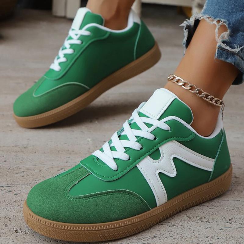 Fashion Spring Autumn Green Lace Up Sneakers Women Fashion Faux Suede Round Toe Sports Shoes Woman Sewing Striped Flats Shoes Female