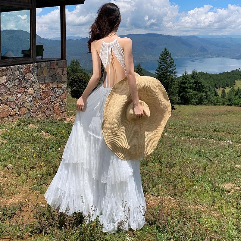 Bohemian Vacation White Lace Splicing Halter Dress Beach Dress Women