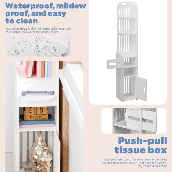 Small Bathroom Storage Cabinet Cabinet, Over The Toilet for Skinny Rack Corner Floor, Narrow with Paper Dispenser, Trash Can & Shelves (White)