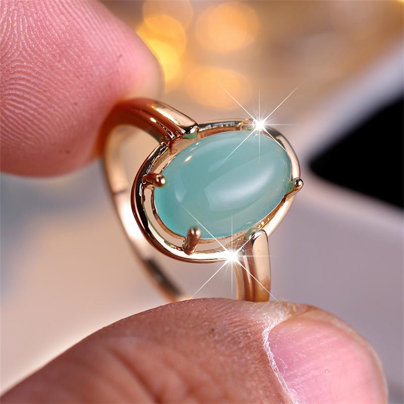 Female Vintage Egg Shaped Oval Stone Rings For Women Antique Gold Color Pink Green Synthetic Moonstone Wedding Bands Jewelry