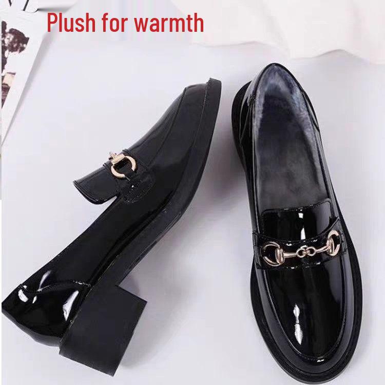 Dámské černé mokasíny z pravé kůže s fleecovou podšívkou - Podzimní/Zimní nazouvací obuv, Boty typu Bean v britském stylu pro profesionální práci