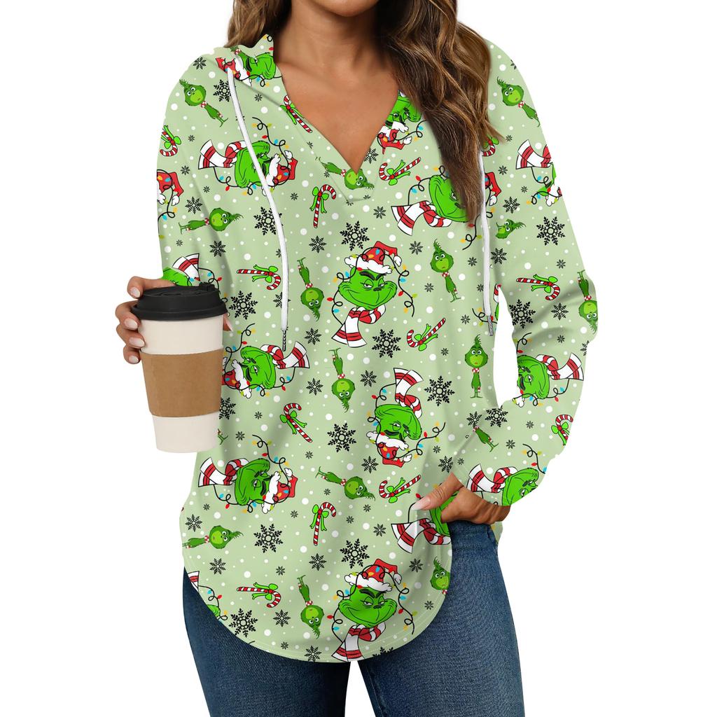 Women's Fashion Hoodies V Neck Long Sleeve Christmas Printed Drawstring Casual Loose Pullover Tops