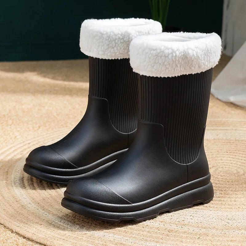 Women Rain Boots Fashion Mid Calf Rubber Boots Waterproof Garden Boots for Women Winter Warm Cotton Rainboots Botas Lluvia Mujer