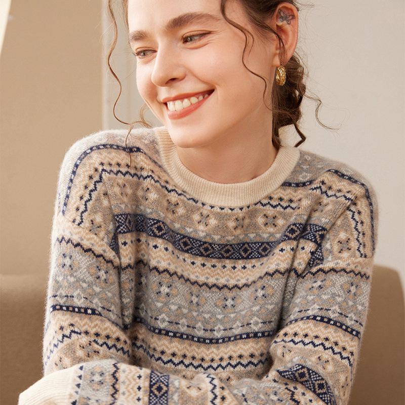 Women's Color Block Jacquard Cashmere Sweater - Autumn/Winter Korean Style Round Neck Knit