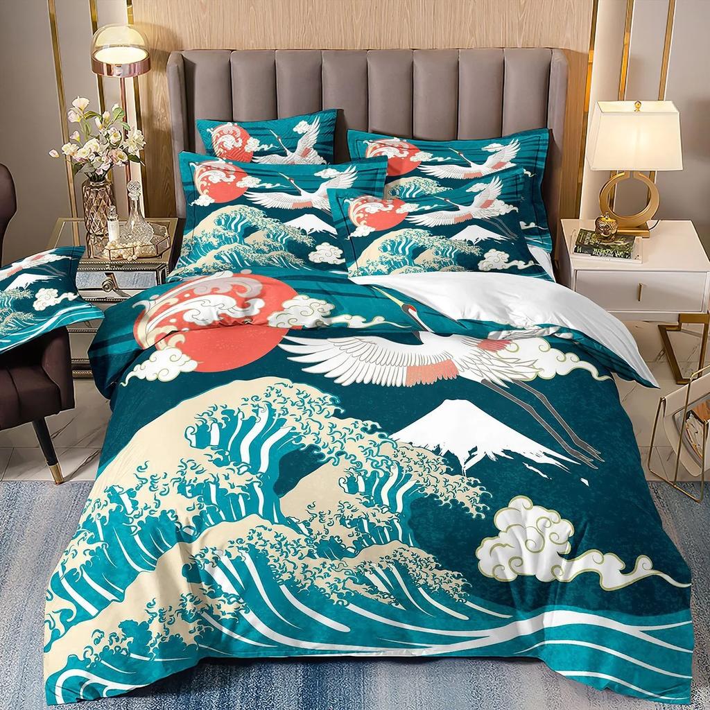 Japanese Scenery Art Bedding Set 3D Printed Crane Duvet Cover Set Single Double Twin King Size Teens Adults Mountain Exotic Art