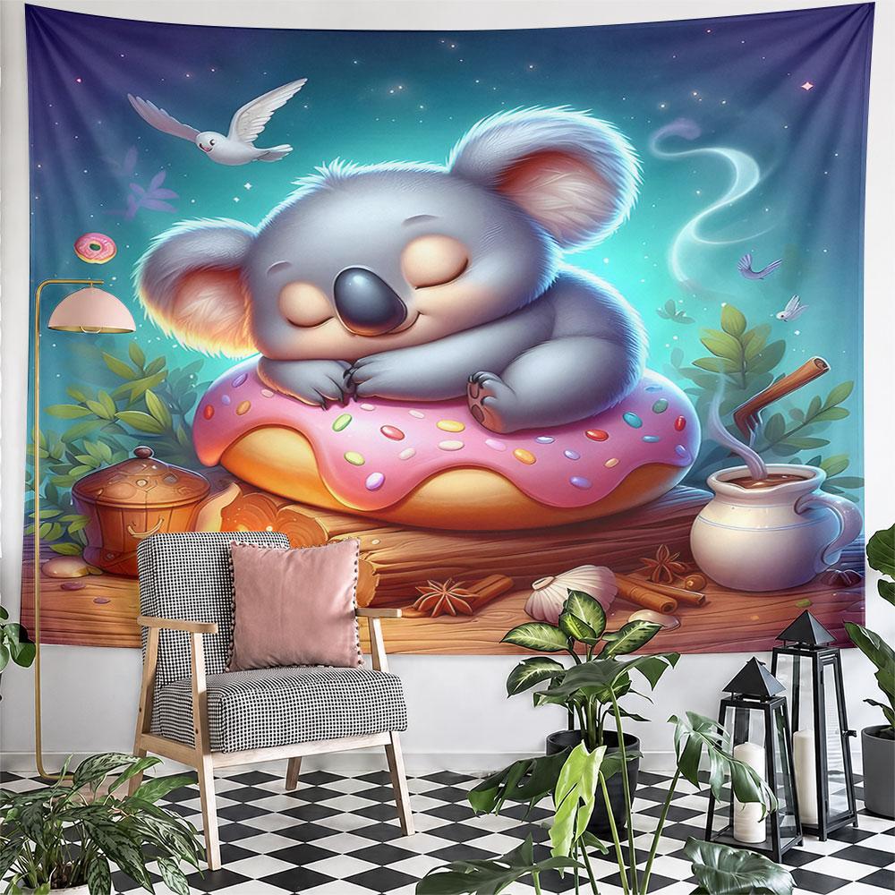 Sleeping Koala on Donut by Campfire Pattern Wall Hanging Tapestry Decorative Tapestry Home Decor for Bedroom and Living Room