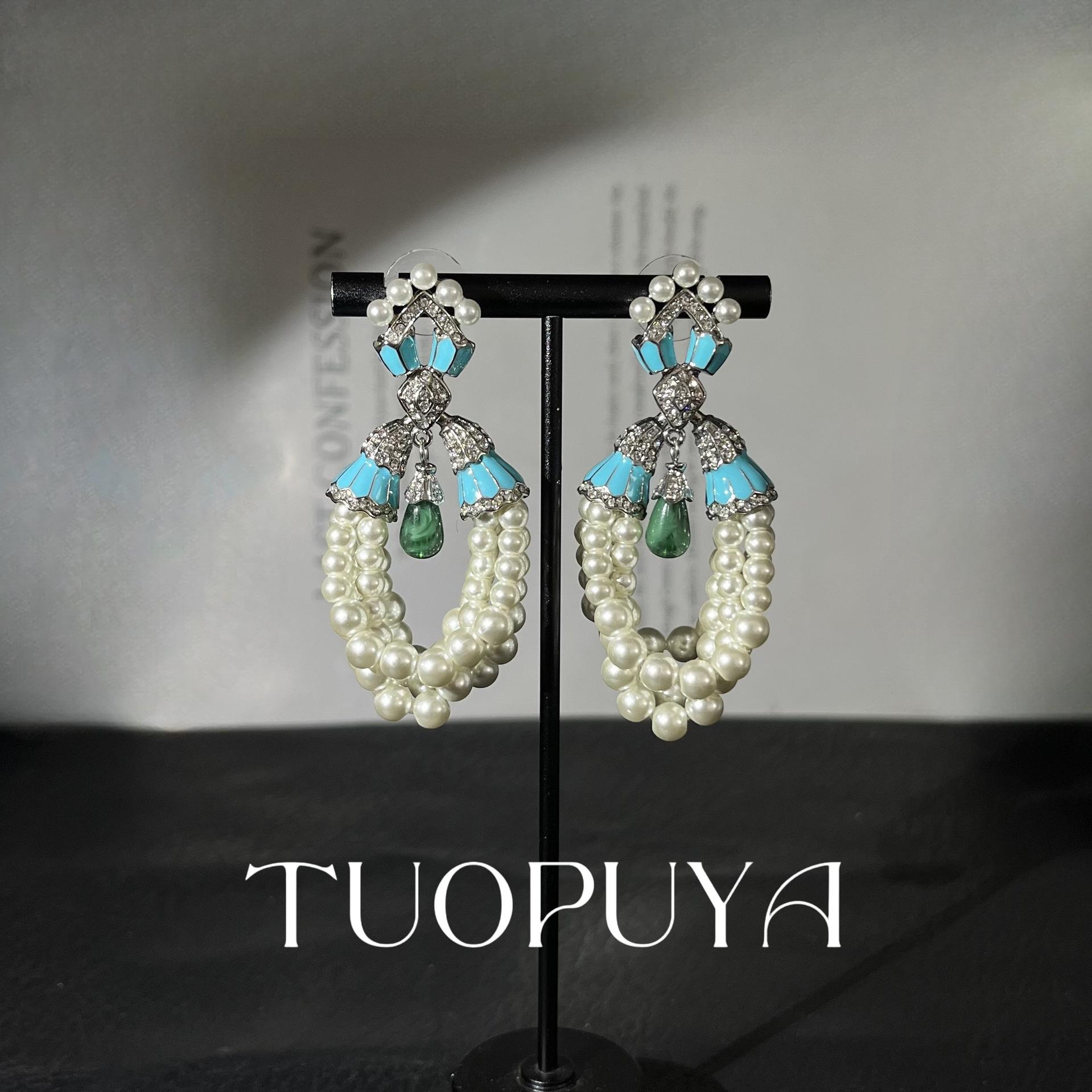 French Elegant Rhinestone Inlaid Pearl Earrings Blue Handmade Enamel Atmospheric Exquisite Shoulder Earrings