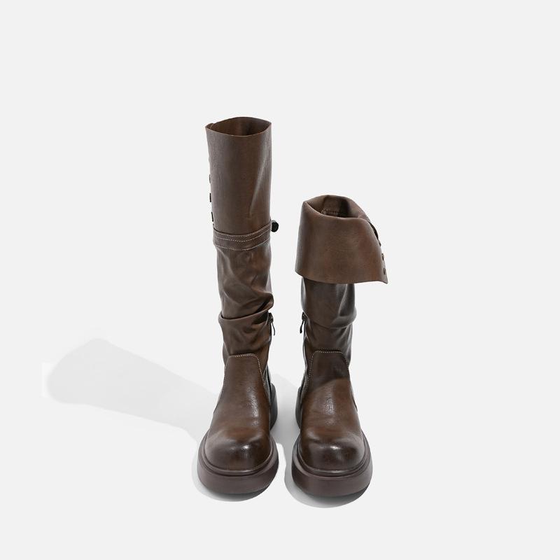 

Wasteland wind pleated pile boots two wear foldable Maillard brown boots thick sole but knee knight boots 40
