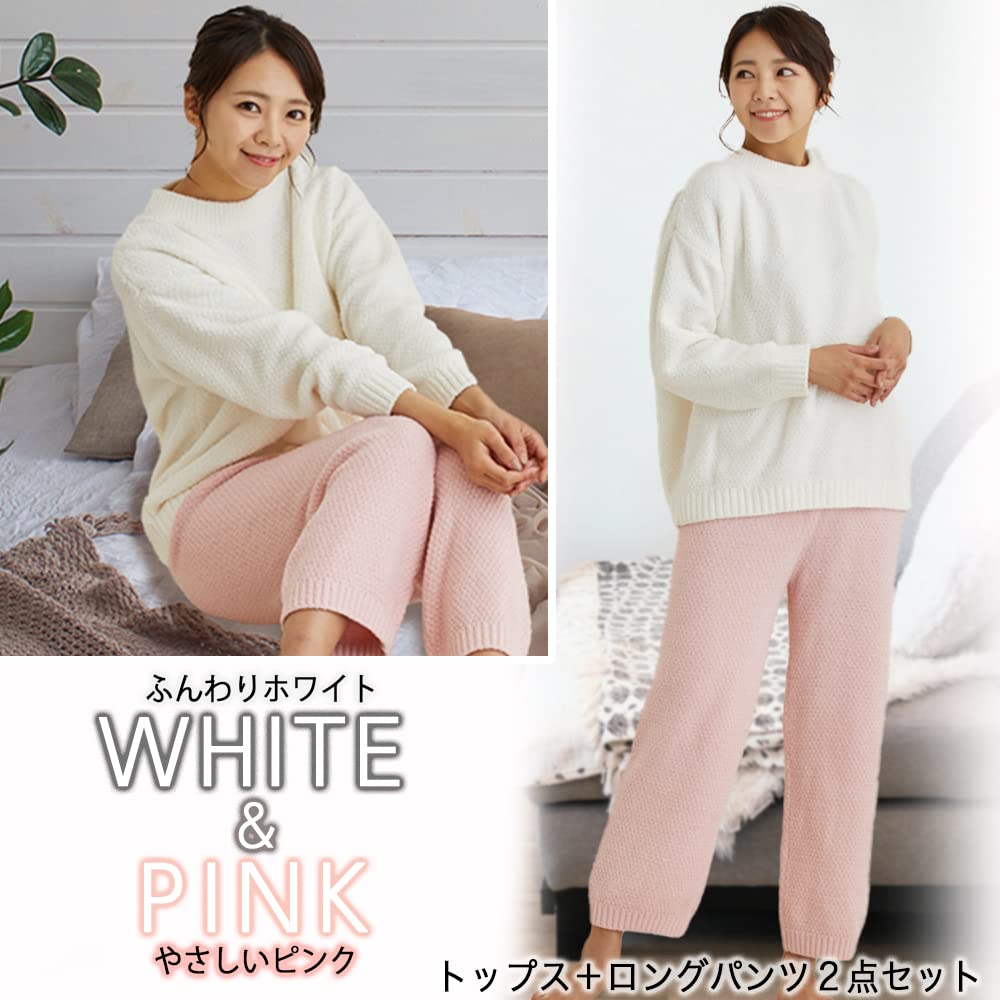 Seap Loungewear Pajama Set 506 Exclusive Women's (Top & Pants), 2-Piece Set, (White/Pink), [Amazon Brand]