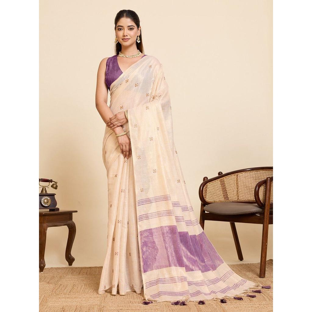 Premium Linen Silk Embroidered Saree with Elegant Latkan Detailing