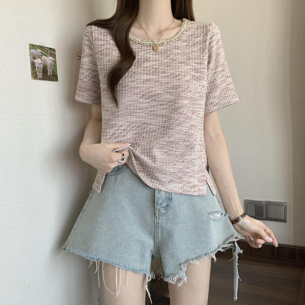 Retro Fashion Woven Plaid Top for Women's Summer Age Reduction and Stylish Versatile T-shirt