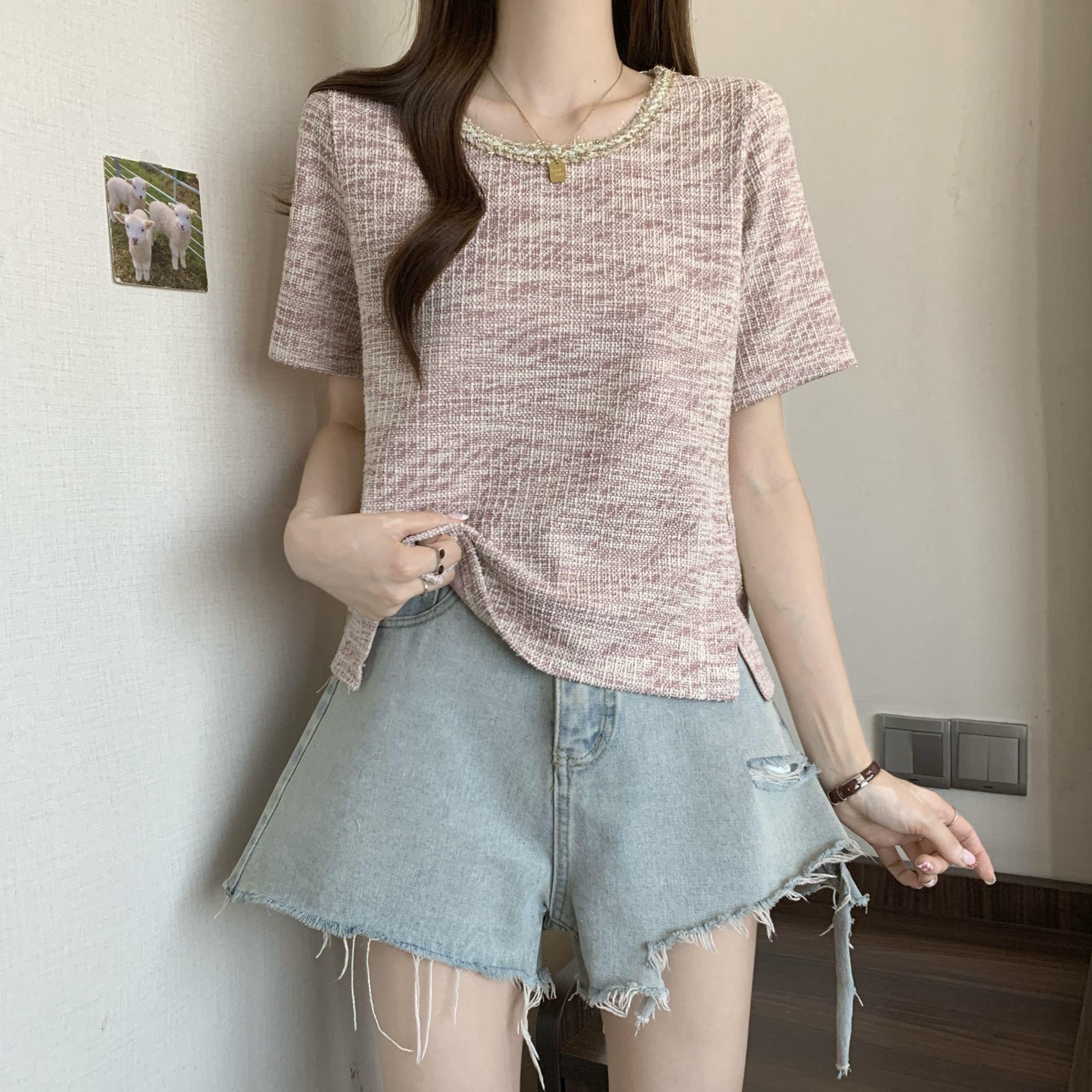 

Вязаный топ в клетку в стиле ретро для женского лета, омолаживающий и стильный, универсальная футболка 3XL розовый