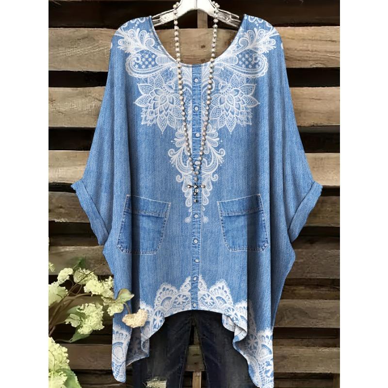 

Printed Casual Short Sleeved T-shirt | Imitation Denim Printed Blue and White Paisley Design 1XL