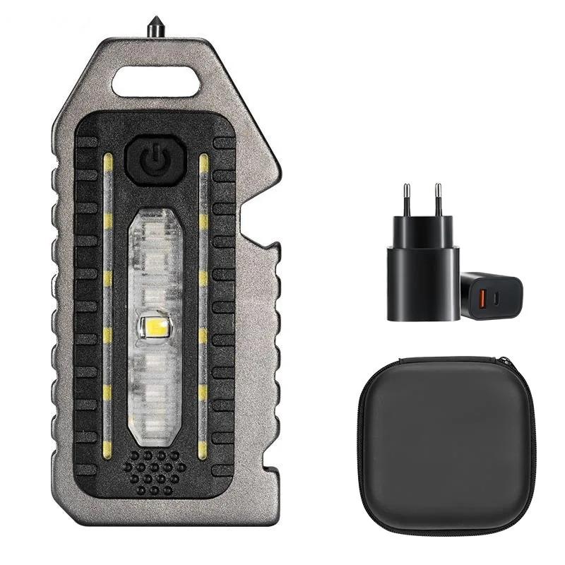 Portable LED COB Multi-functional Flashlight Keychain Outdoor Emergency Survival Whistle Bottle Opener Broken Window Hammer