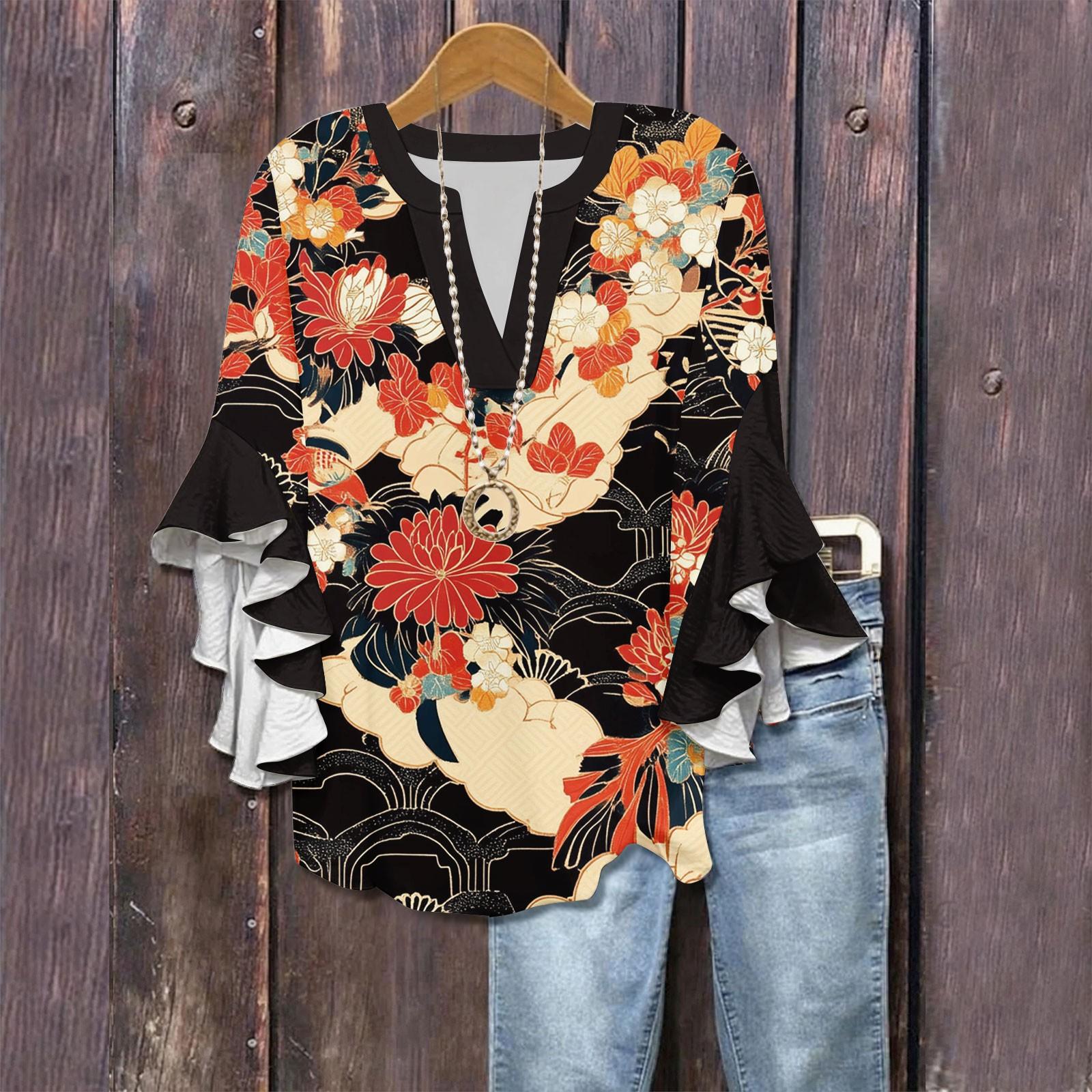 

Рубашки с рукавами 3/4 для женщин, симпатичные футболки с графическим принтом, блузки, повседневные, больших размеров, базовые топы с оборками на рукавах, пуловеры XL чёрный