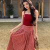 French Retro High-End Red Plaid Midi Skirt for Women - 2025 Summer Trend