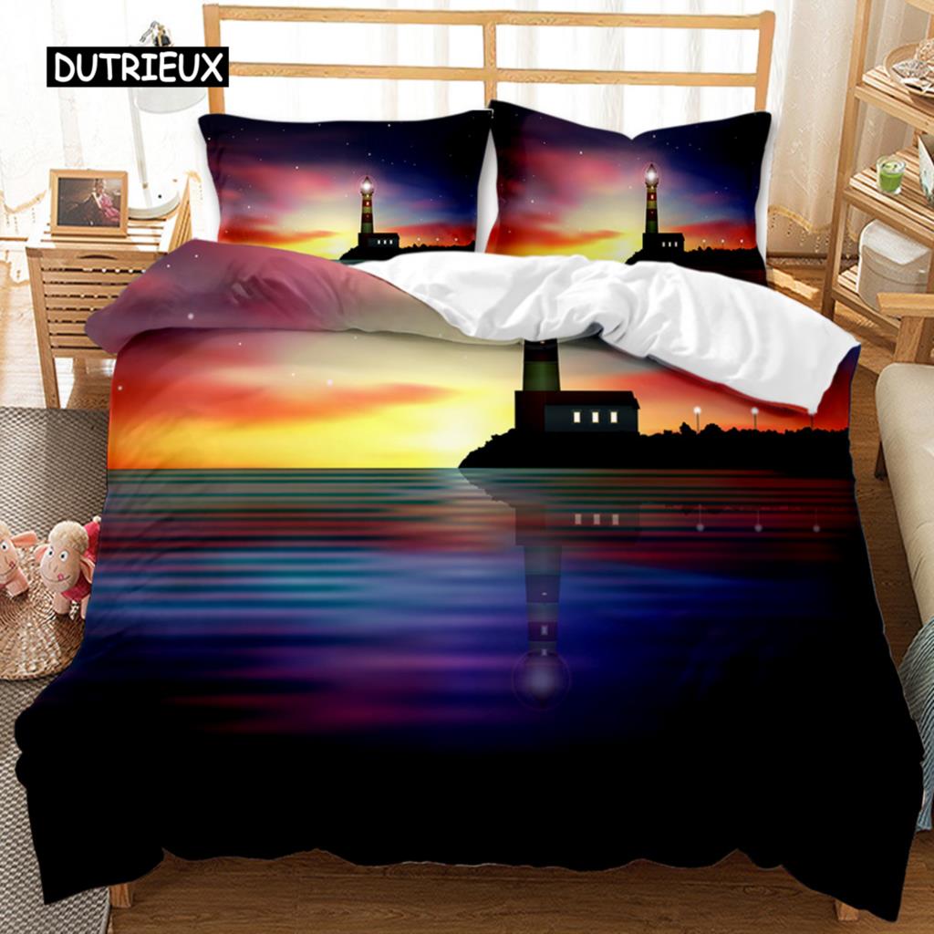 Lighthouse Duvet Cover Ocean Comforter Cover Nautical Quilt Cover Sunset Nature Double Queen King Size Polyester Bedding Set
