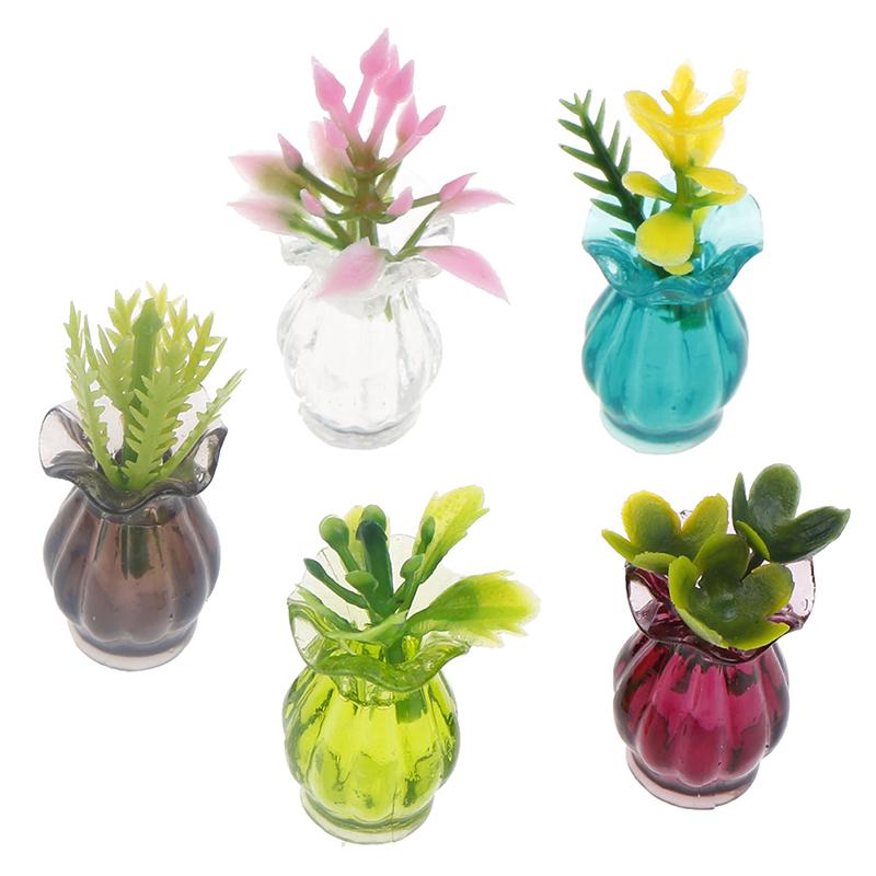 5pcs Dollhouse Miniatures 1:12 Colorful Mini Ceramic Pot DIY Handmade Doll House Kitchen Ceramic Decora vase+flower