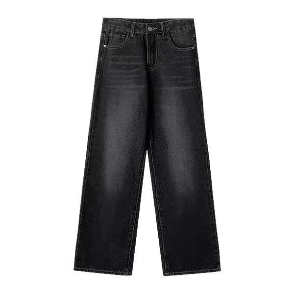 Black Gray Women's High-Waist Straight-Leg Jeans - Autumn/Winter, Slimming, Plus Velvet, Wide-Leg, Floor-Length.