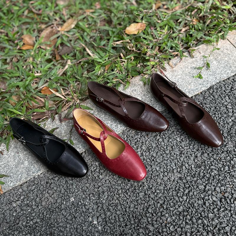 Johnature Cross Belt Mary Jane Shoes Genuine Leather Flats Round Toe Soft Soled Women's Shoes