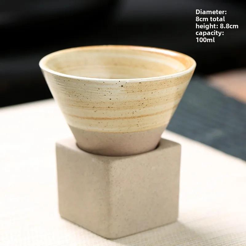 1pc 3.38oz Retro Conical Tea Cup with Base Coarse Pottery Coffee Cup Japanese Style Water Bottle for Home Office Drinkware Gifts
