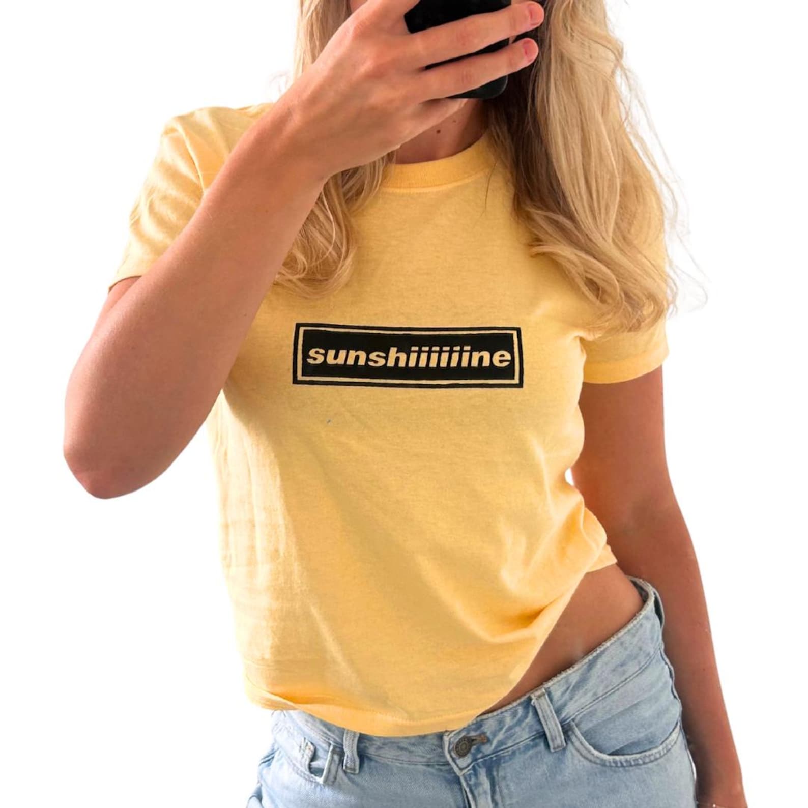 Sunshiiiiine Cropped Fit Baby Tee - Yellow Haze - Scree Printed by Hand - 90s Inspired Manchester Britpop Shirt - Retro Festival Tour Outfit M
