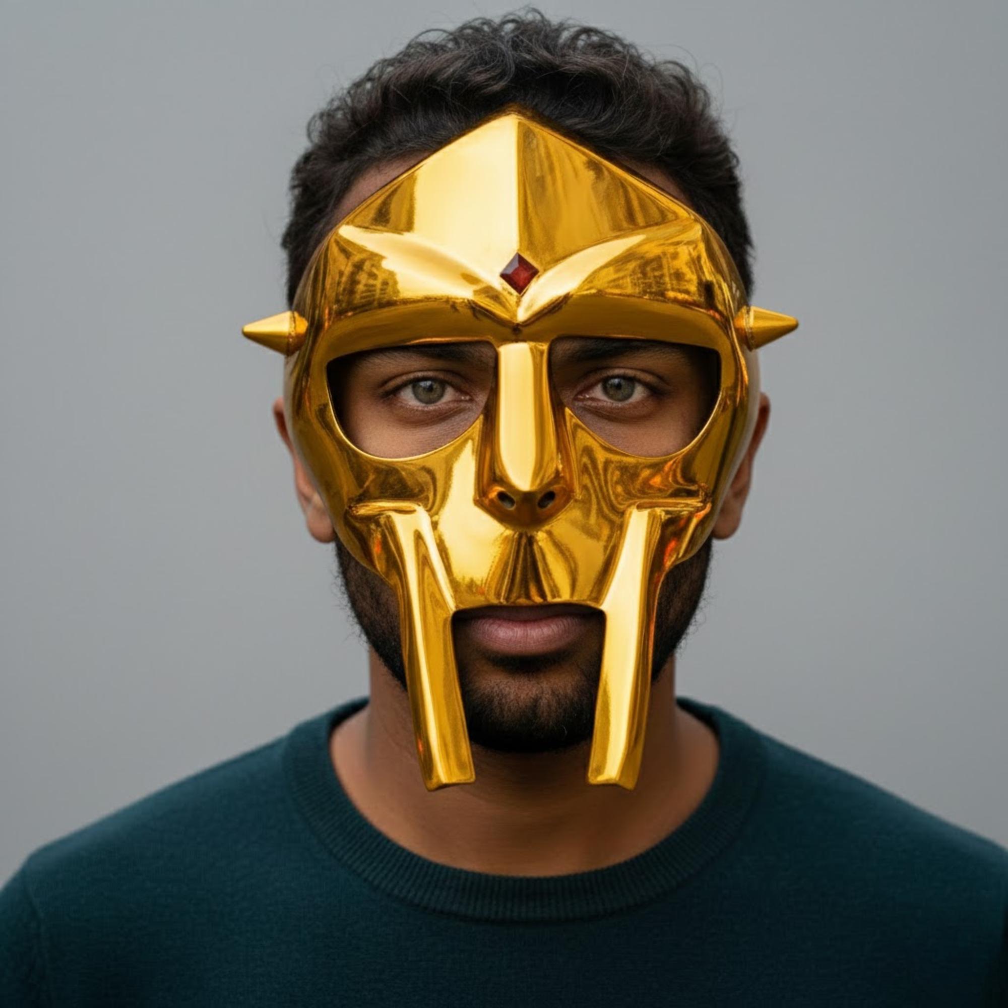

Golden MF DOOM Mask Madvillain Gladiator, Hand-Forged Steel Face Armor for Cosplay, Halloween