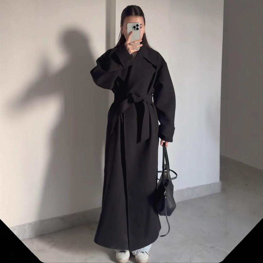 2025 Cross-border European and American Women's Clothing Amazon Large Lapel Casual Loose Lace-up Long Woolen Coat Coat
