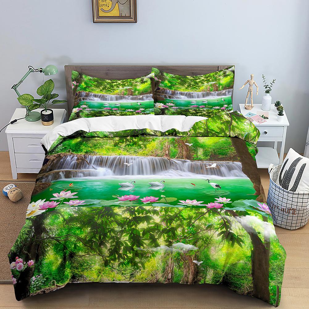 3D Nature Landscape King Queen Duvet Cover Flowers Green Leaves Bedding Set Shimen View Quilt Cover Polyester Comforter Cover