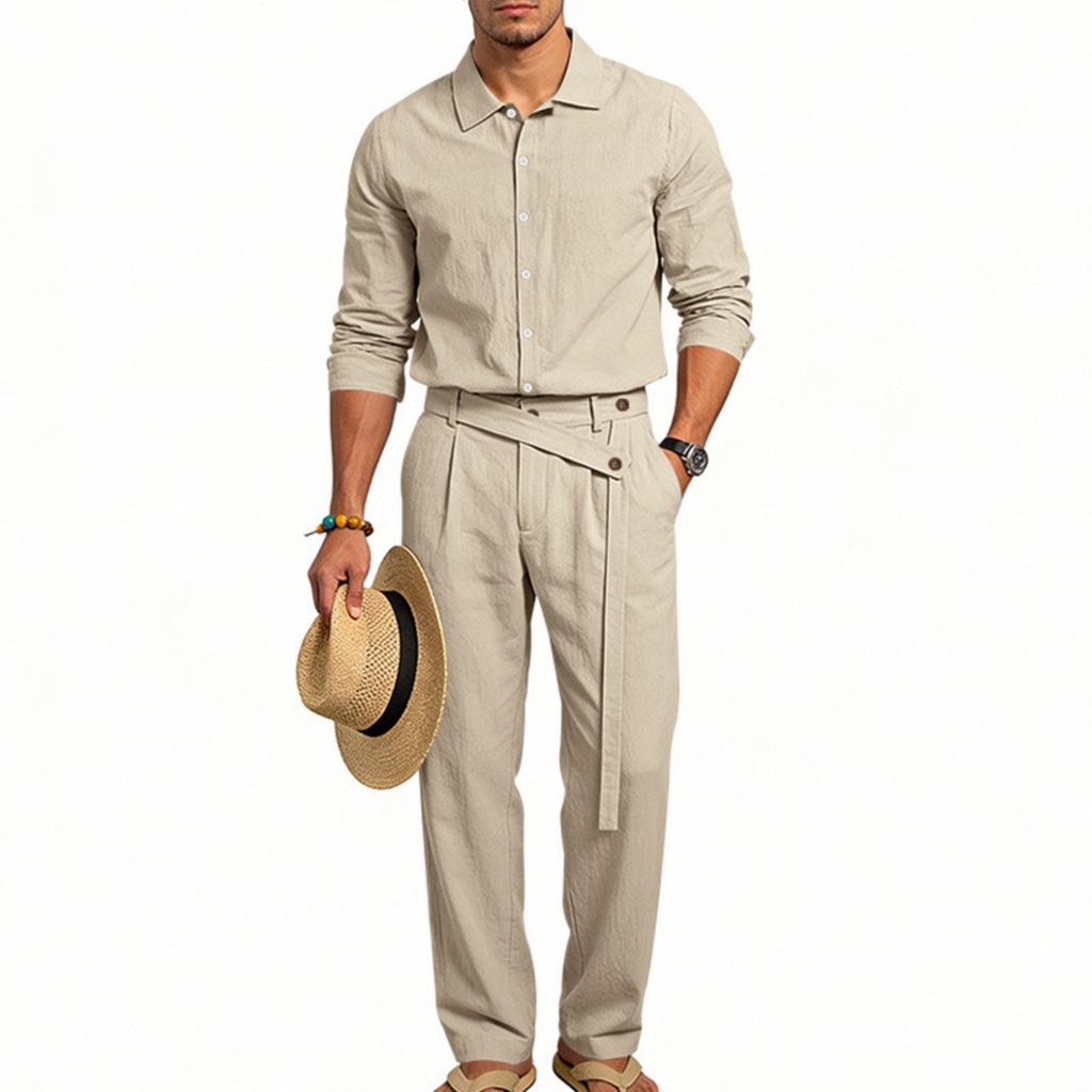 Men's Casual Linen Long Sleeve Shirt and Pants Set Two Piece Outfit for Summer Everyday Wear
